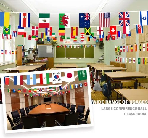 Miniatura 2 de Bandera de cuerda de 100 países, bandera internacional de 82 pies, decoración de bandera mundial para fiesta de la Copa del Mundo, escuela, eventos