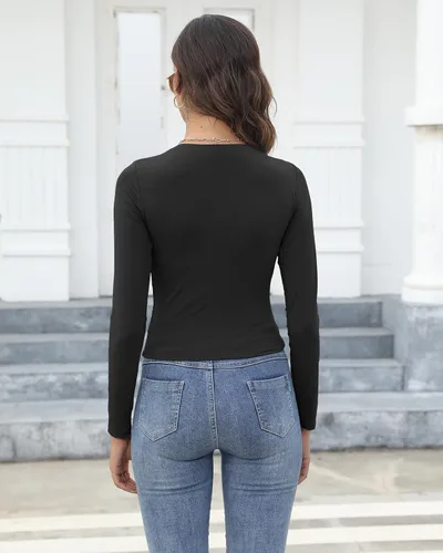 Miniatura 5 de Beumissy Camisas básicas de manga larga con cuello cuadrado para mujer, ajustadas, con doble forro