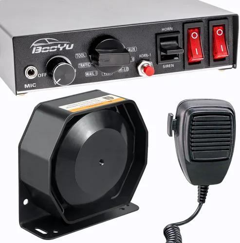 200W 12V Sirena de emergencia para policía para vehículos y camiones, alarma de bocina delgada de 9 tonos, sistema de PA [micrófono de mano] [2 x