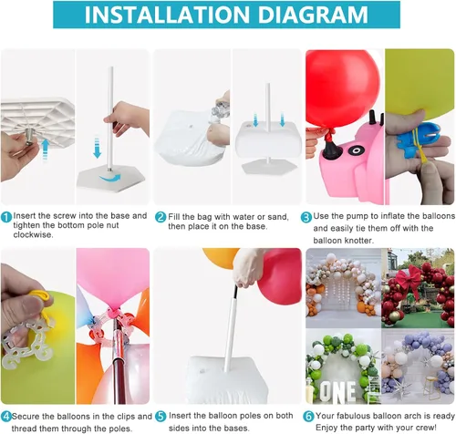 Miniatura 6 de Kit de soporte para arco de globos con base, kit de soporte ajustable para arco de globo con 45 clips de globo, bomba de globos, arco de globos de 9