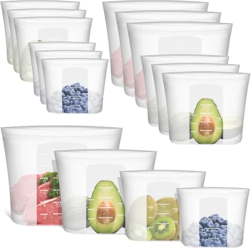 Miniatura 12 de Bolsas de Alimentos Reutilizables, Paquete de 12 Bolsas de Almacenamiento de Alimentos 100% Silicona que se Mantienen de Pie con Cierre Hermético