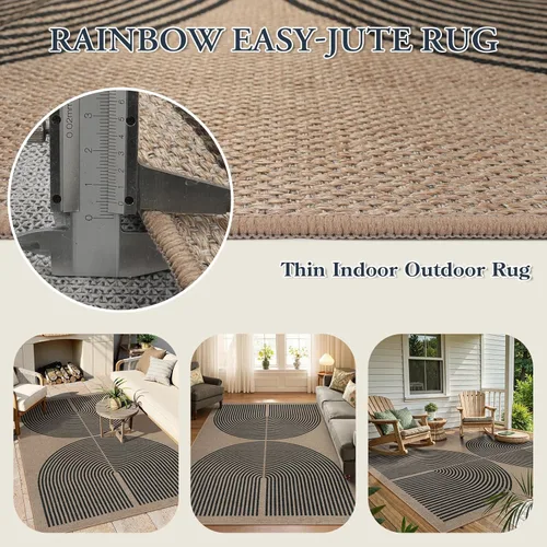 Miniatura 3 de Lahome Alfombra Moderna de Yute Arcoíris Fácil, Alfombras Lavables 5x7 para Sala de Estar Dormitorio Casa Rural Negra Interior Exterior Alfombra