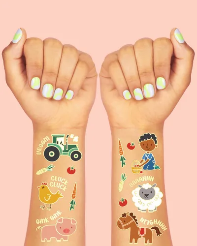 Miniatura 3 de xo, Fetti Suministros para fiestas de granja, tatuajes temporales - 30 estilos de purpurina Animales de corral, zoológico de mascotas, vaca, Oro