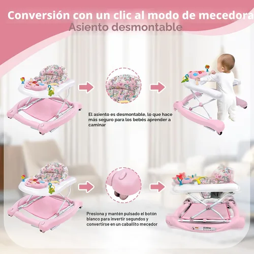 Miniatura 5 de Andador de actividades plegable 5 en 1 para bebé, balancín, centro de actividades, gorila, caminador de asiento, caminador de empuje, ruedas Rosa