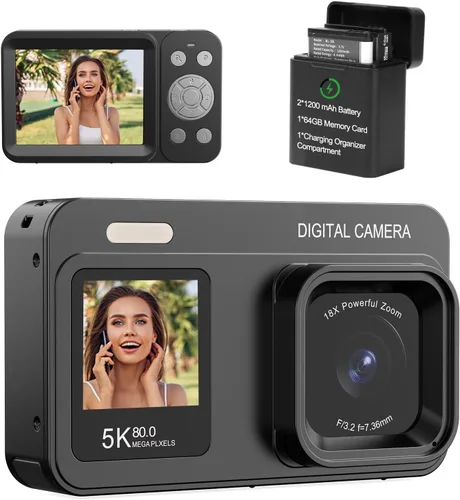 Cámara digital de doble pantalla 5K mejorada, cámara de fotografía de vlog de 80 MP para YouTube, campus, viajes, cámara compacta de apuntar y Negro