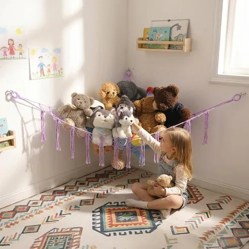 Miniatura 8 de YKBU Hamaca de animales de peluche, red colgante en la esquina, macramé, almacenamiento de animales de peluche, organizador de juguetes