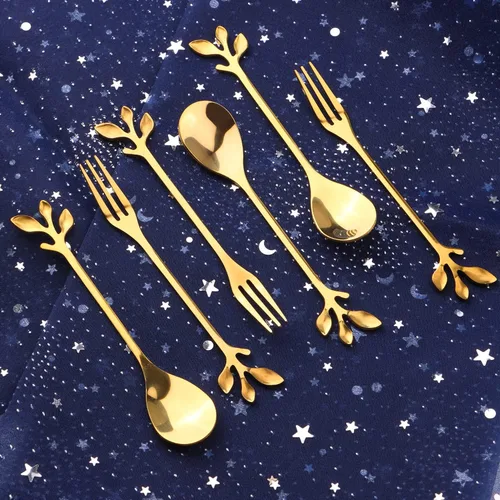 Miniatura 7 de Juego de 12 cucharas de café de acero inoxidable con hojas doradas y tenedores de frutas para tartas, accesorios de cocina, fiesta de boda