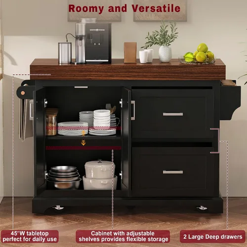 Miniatura 5 de LUMISOL Carrito de cocina con 2 cajones extra grandes, estante para especias y toallas, isla de cocina con escritorio de 3.5 pulgadas de grosor