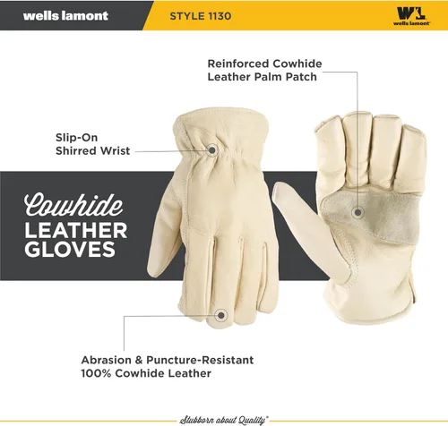 Miniatura 3 de Wells Lamont Guantes de trabajo de cuero para hombre, piel de vaca, palma reforzada, ideales para construcción, agricultura, ganadería, ajuste Beige
