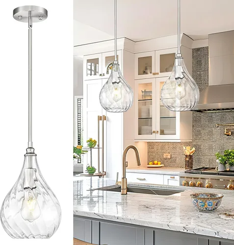 Miniatura 10 de TENGXIN Paquete de 2 luces colgantes de cocina sobre isla de 6 pulgadas, luces colgantes, lámpara colgante de vidrio rayado con acabado dorado