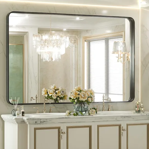 Miniatura 47 de TETOTE Espejo de marco dorado cepillado de 16 x 24 pulgadas, espejo de tocador de baño de latón dorado para pared, espejo enmarcado rectangular