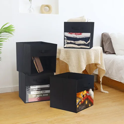 Miniatura 2 de Paquete de 4 cubos de almacenamiento con ventana transparente, cajas grandes con asas, organizador de armario de tela, 13 x 13 x 13 pulgadas