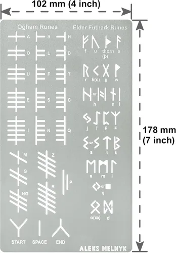 Miniatura 4 de Aleks Melnyk No.421 Plantilla de metal, runas Elder Futhark y Ogham, Alfabeto antiguo, alfabeto mágico de sigil, plantilla de letras para leña