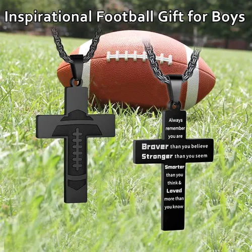 Miniatura 5 de Collar de cruz de fútbol para niños, colgante de cruz de versículo bíblico inspirador, cadena de acero inoxidable de 22 + 2 pulgadas, joyería