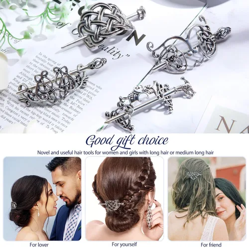 Miniatura 4 de Syhood 6 piezas vintage plata celta diapositivas para el cabello, horquilla de nudo celta para el cabello, pasador creativo de metal, clips