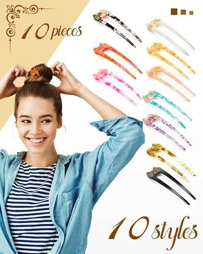 Miniatura 3 de Taiyin 10 piezas de horquillas francesas para mujer, en forma de U, para cabello largo, tenedores, pasadores de pelo de gato, 2 puntas para niñas