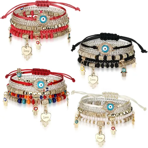 4 juegos de pulseras de cuentas elásticas bohemias, multicapa de ojo malvado, pulsera de mano Hamsa, pulsera bohemia hecha a mano, apilable,