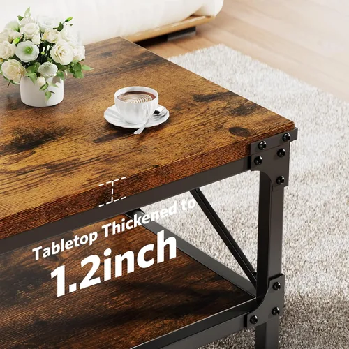 Miniatura 4 de Mesa de café rectangular para sala de estar, mesa de café rectangular de madera, mesa central industrial moderna de 2 niveles con tablero engrosado