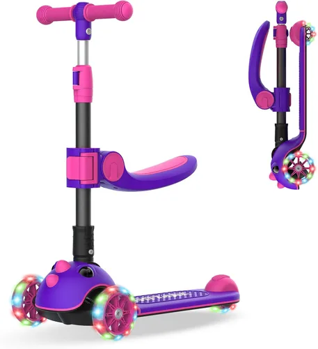 Gotrax KS3 Pro - Monopatín plegable para niños, asiento removible con una sola llave y 3 ruedas PU extra anchas con luces, antideslizante y Púrpura