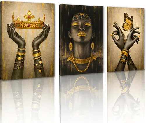 Miniatura 89 de MAMAGO Lienzo decorativo para pared, pintura de belleza dorada y negra, fotos de mujeres africanas, hermosos pósteres de mujer negra, impresiones