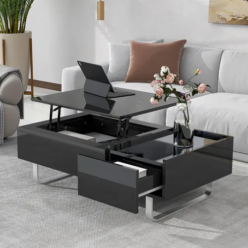 Miniatura 14 de Mesa de centro moderna con vidrio templado, mesa de cóctel de madera con superficie UV de alto brillo, mesa central rectangular modernista de 2 Negro