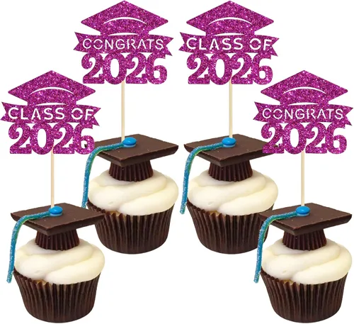 Miniatura 28 de 24 piezas 2026 decoraciones para cupcakes de graduación 2026 con purpurina clase de 2026 para graduación de graduación para felicitaciones 2026