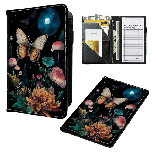 Miniatura 8 de Libros para camarera, cartera de cuero con bolsillo con cremallera, 7 bolsillos de almacenamiento para recetas y cheques, soporte para bolígrafos