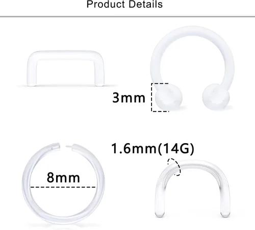 Miniatura 2 de Lcolyoli Retenedor de tabique transparente 14G 16G anillo de tabique transparente de plástico ocultable en forma de U en forma de herradura