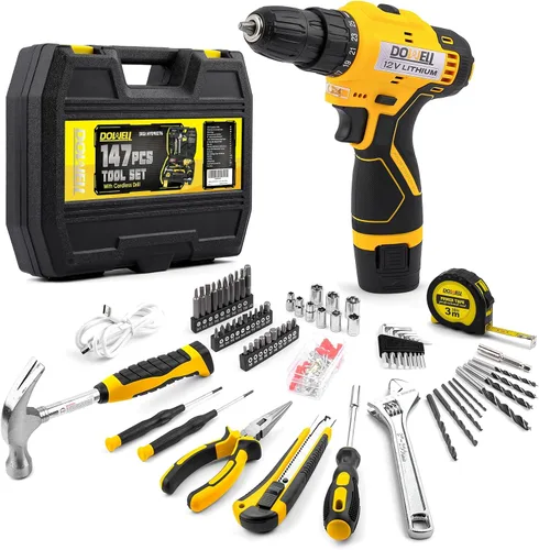 DOWELL Kit de herramientas de 147 piezas con taladro inalámbrico de 12 V con portabrocas sin llave de 3/8 pulgadas para el hogar, hombres, LED
