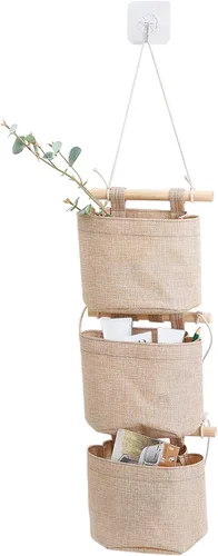 Miniatura 9 de AARAINBOW Paquete de 1 mini bolsa de almacenamiento de tela de lino de algodón desmontable plegable lavable con 3 bolsillos sobre la puerta