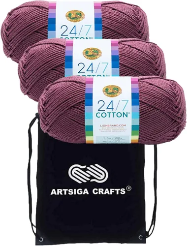 Miniatura 23 de Lion Brand 24/7 Algodón Rosa 761-101 (3 carretes - mismo lote de tinte) Hilado medio #4 de algodón para crochet y tejer con bolsa de proyecto