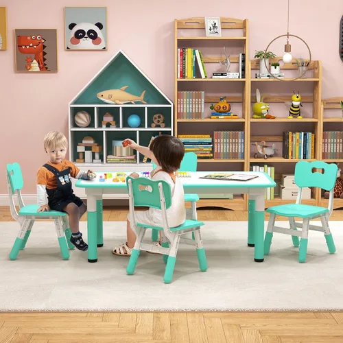 Miniatura 8 de Costzon Juego de mesa y 4 sillas para niños, escritorio y sillas para niños pequeños de altura ajustable con escritorio de graffiti, patas Verde