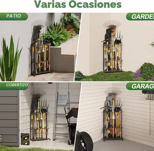 Miniatura 8 de Organizador de herramientas de jardín para esquina - Estante de metal resistente con 34 compartimentos de almacenamiento y 14 ganchos para palas