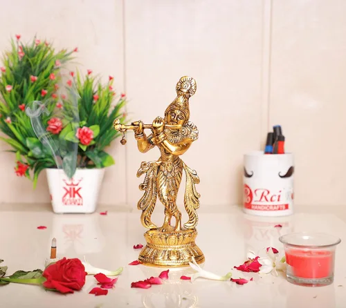 Miniatura 3 de KridayKraft Lord Krishna Estatua de metal, Krishna Murti tocando la flauta para Temple Pooja, decora tu hogar, oficina y regalo a tus familiares