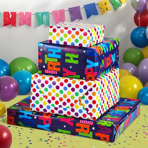Miniatura 7 de woric Papel de regalo reversible de cumpleaños para niños y niñas, 17 pulgadas x 36 pies, papel de regalo con letras de feliz cumpleaños para azul