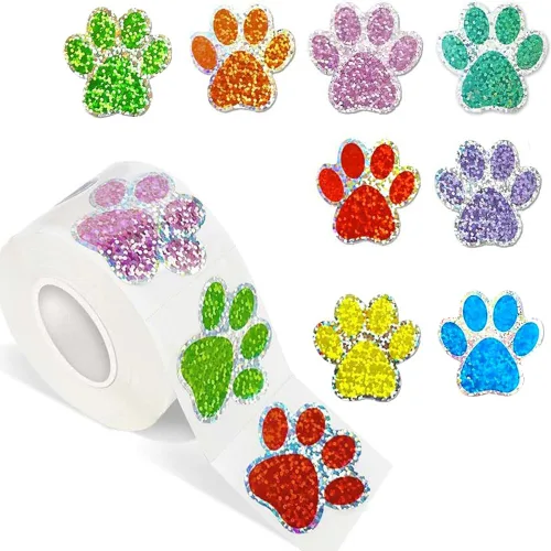 Miniatura 28 de 500 piezas de rollo de calcomanías lindas de patas de perro en glitter, etiquetas adhesivas de huellas de perro negro, etiquetas de vinilo