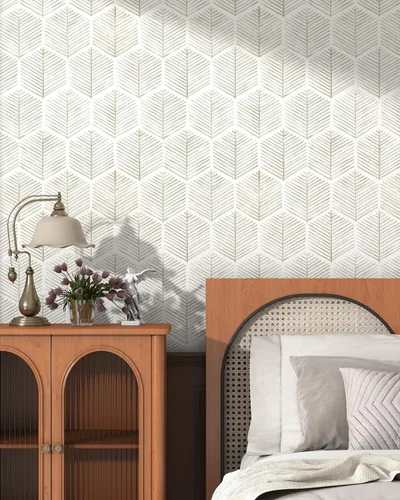 Miniatura 4 de Papel tapiz moderno despegable y adhesivo de 17.3''×393'' Papel tapiz autoadhesivo Papel de contacto boho beige y blanco geométrico Papel tapiz