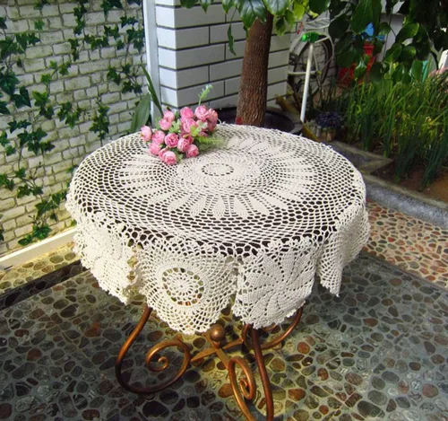 Miniatura 3 de Hetao Mantel redondo de ganchillo 100% algodón hecho a mano, fundas de mesa de encaje, beige, 27 pulgadas
