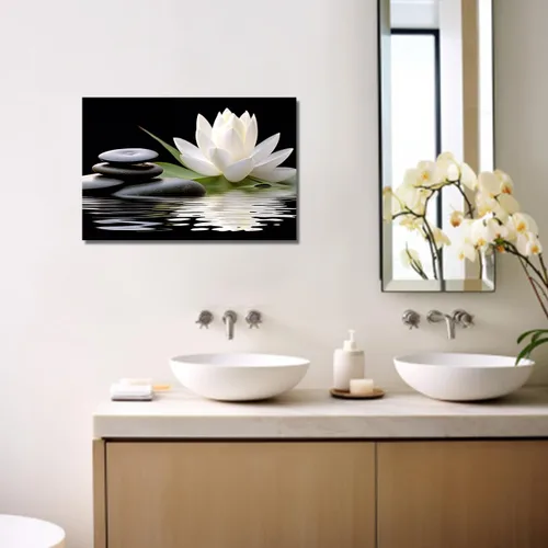 Miniatura 4 de LZIMU Lienzo decorativo para pared, diseño de loto blanco y piedras zen negras que florecen en el agua, impresiones de imágenes para yoga, spa