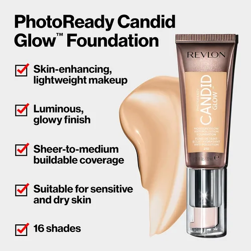 Miniatura 3 de Revlon PhotoReady Candid Glow - Base de maquillaje anticontaminación con vitamina E y aceite de haya, ingredientes anti-luz azul, sin parabenos, Moca