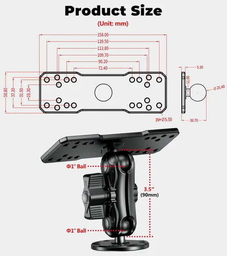 Miniatura 6 de VAZESWIN Soporte de buscador de peces de aleación de aluminio con placa rectangular de bola de tamaño B de 1 pulgada y base redonda, brazo mediano