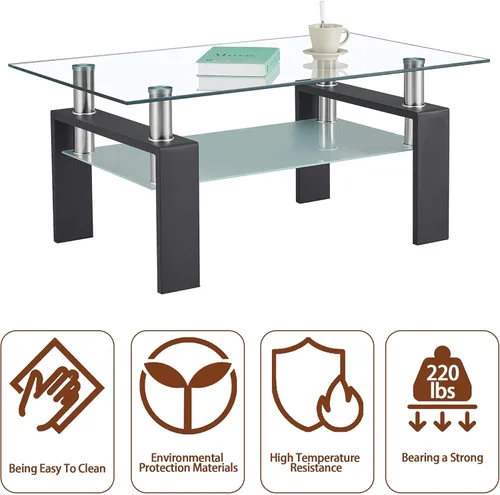 Miniatura 6 de Meihua Mesa de Centro de Vidrio Rectangular de 2 Niveles Mesa de Té Mesa de Centro Moderna para Sala de Estar Transparente