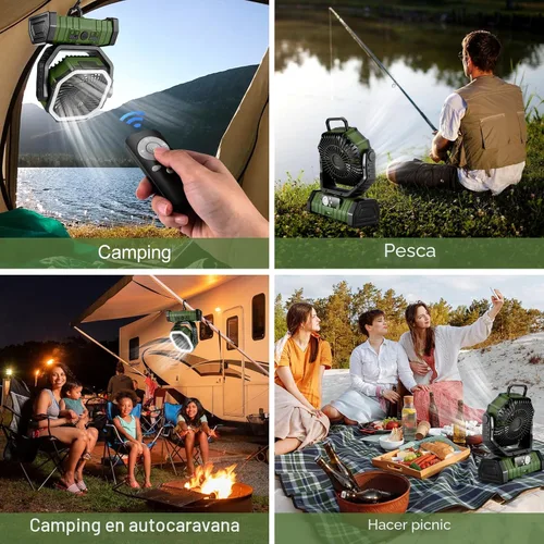 Miniatura 2 de Odoland Ventilador de camping de 30000 mAh con linterna LED, recargable, funciona con batería, oscilante con control remoto y gancho, ventilador