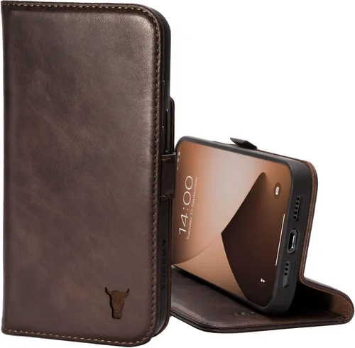 TORRO Funda de cuero compatible con iPhone 12 / iPhone 12 Pro - Funda de piel auténtica tipo cartera con tarjetero y función de soporte (marrón
