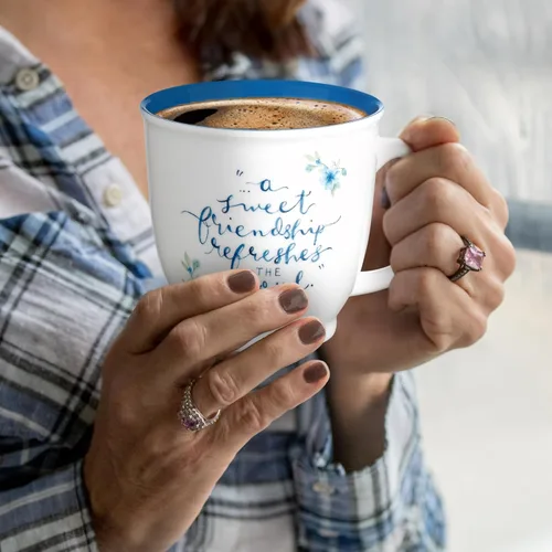 Miniatura 5 de Taza de cerámica de arte cristiano azul floral – 14 oz. Taza de café y té inspiradora con escrituras bíblicas apta para microondas y lavavajillas
