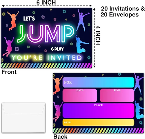 Miniatura 2 de ISOVF Tarjetas de invitación de fiesta de cumpleaños de neón de 4 x 6 pulgadas con sobres (20 juegos) – Invitaciones de fiesta de trampolín Bounce