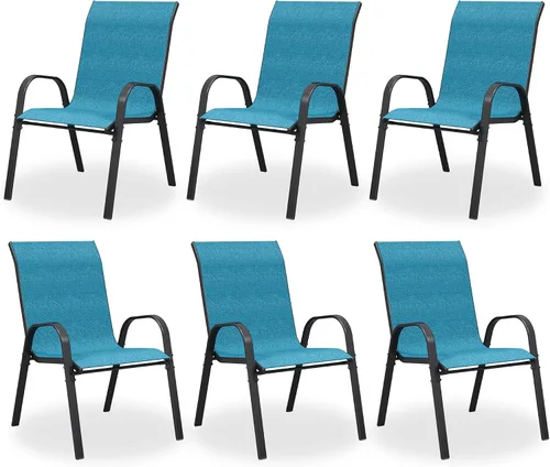 Miniatura 18 de Juego de 4 sillas de comedor para patio, sillas de comedor apilables, respaldo alto, tela de asiento transpirable y marco de acero de aleación