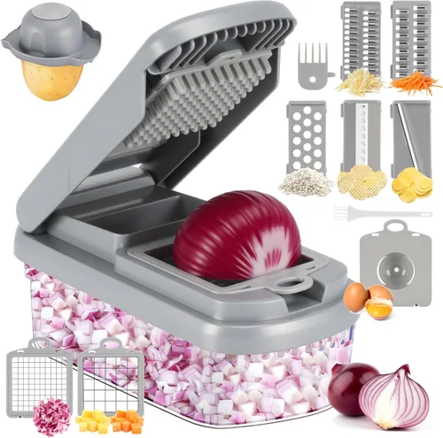 Miniatura 8 de Picador de verduras, picador de alimentos multifuncional 12 en 1, picador profesional de cebolla con 7 cuchillas, cortador de verduras con Blanco