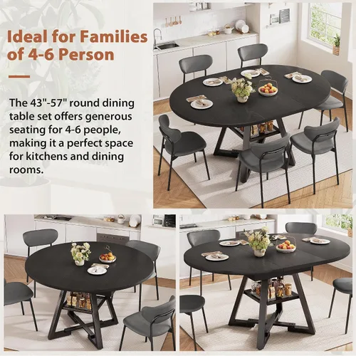 Miniatura 9 de Mesa de comedor redonda extensible de 43 a 57 pulgadas para 4-6, moderna mesa de comedor ovalada de cocina industrial con hojas extraíbles, base