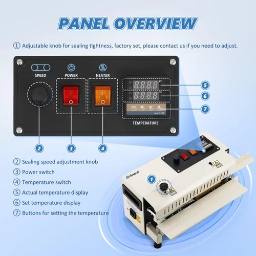 Miniatura 4 de Máquina selladora térmica comercial, sellador automático de banda continua, temperatura y velocidad ajustable, máquina de sellado horizontal de Beige